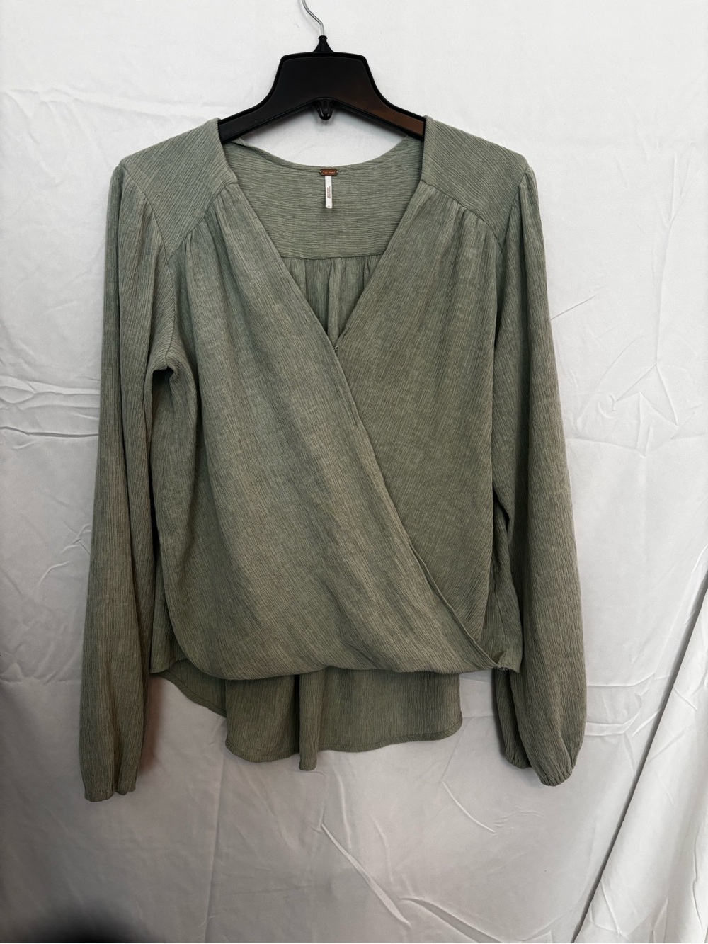 Free People Olive Green Wrap-Front Long Sleeve Blouse